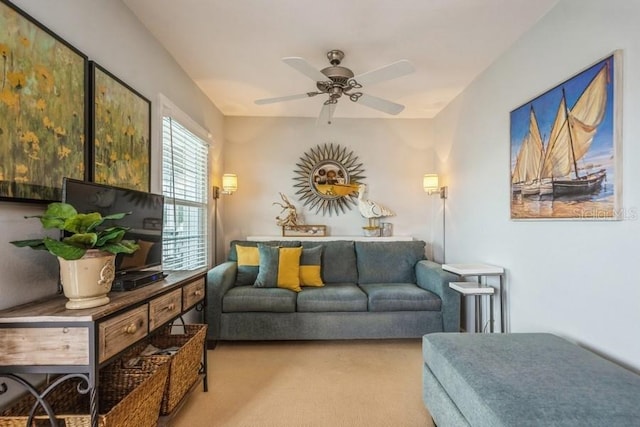 living room with ceiling fan and light carpet