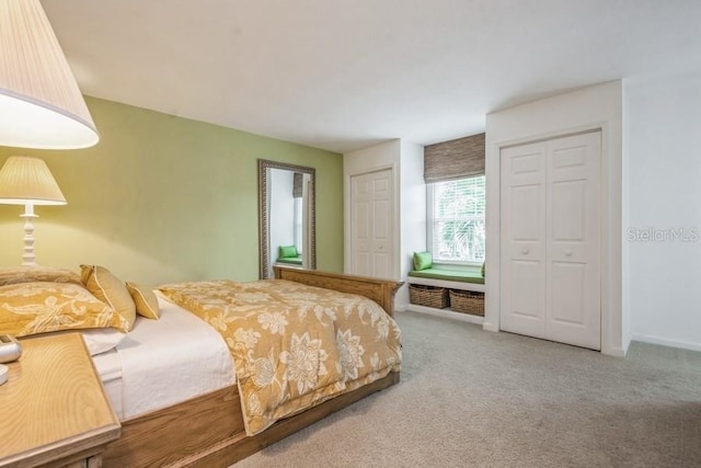 bedroom featuring carpet floors and two closets