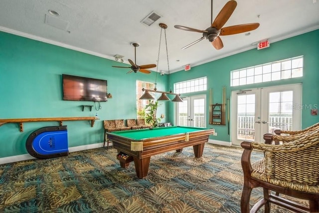 playroom featuring ceiling fan, french doors, crown molding, a textured ceiling, and pool table