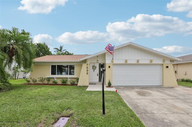 single story home with a garage and a front yard