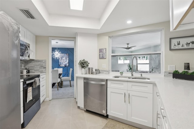 kitchen featuring sink, ceiling fan, tasteful backsplash, white cabinetry, and stainless steel appliances