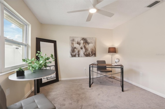 carpeted office space featuring ceiling fan