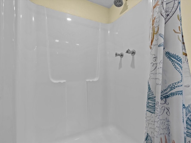 interior details with a shower with curtain