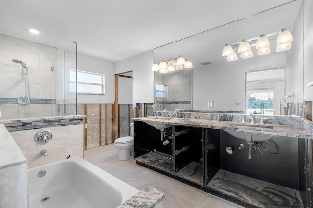 full bathroom featuring toilet, vanity, and shower with separate bathtub