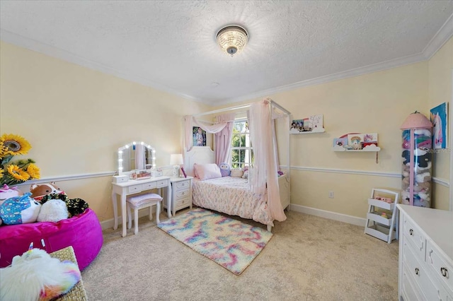 carpeted bedroom featuring crown molding and a textured ceiling