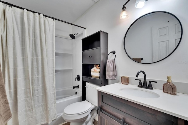 full bathroom with shower / bath combo, vanity, and toilet