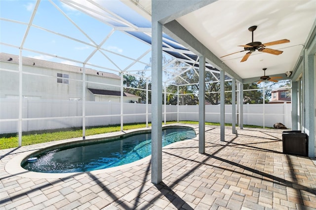 1600 Gray Bark Dr, Oldsmar, FL 34677 - view of pool featuring a fenced backyard, a fenced in pool, a ceiling fan, a patio area, and glass enclosure