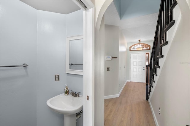 1600 Gray Bark Dr, Oldsmar, FL 34677 - bathroom with baseboards, a sink, and wood finished floors