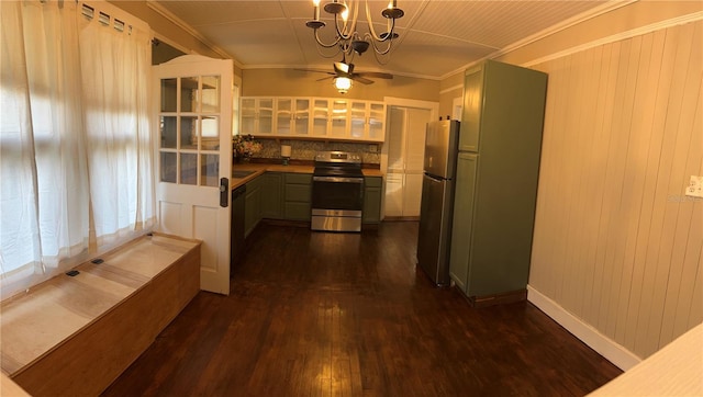 kitchen featuring appliances with stainless steel finishes, tasteful backsplash, ornamental molding, and dark wood-type flooring