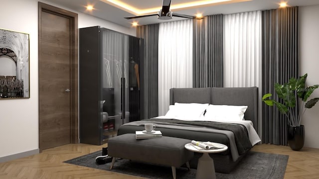 bedroom with light parquet floors