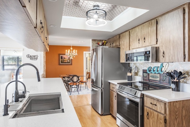 kitchen with sink, stainless steel appliances, an inviting chandelier, pendant lighting, and light wood-type flooring