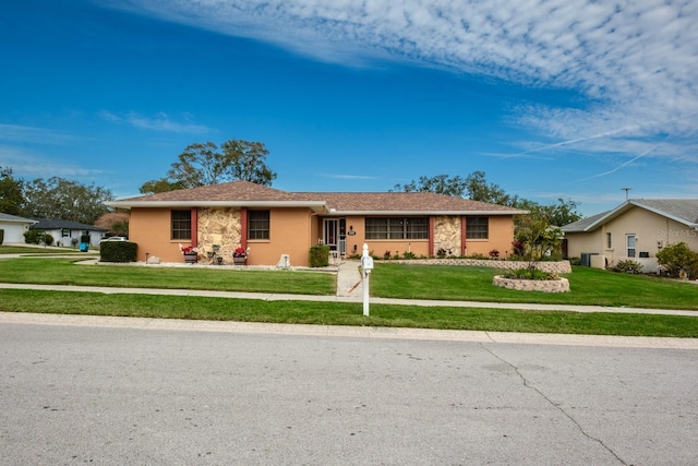 ranch-style house with stucco siding and a front yard