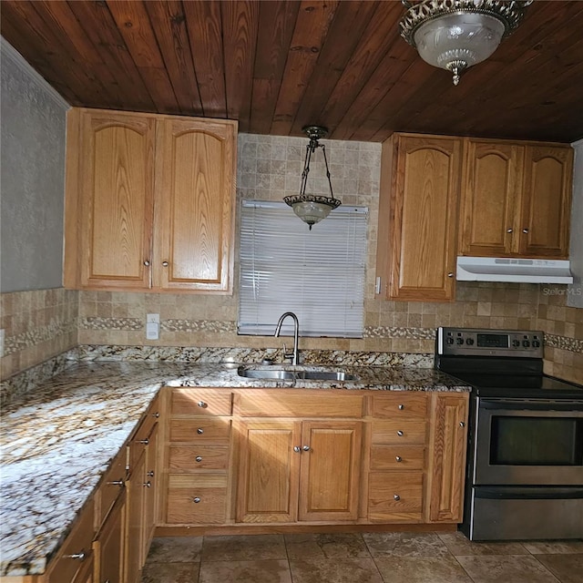 kitchen with light stone counters, electric stove, sink, and wood ceiling