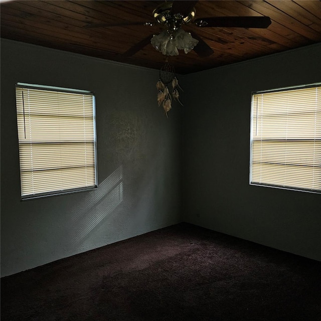 spare room with carpet flooring, ceiling fan, and wooden ceiling