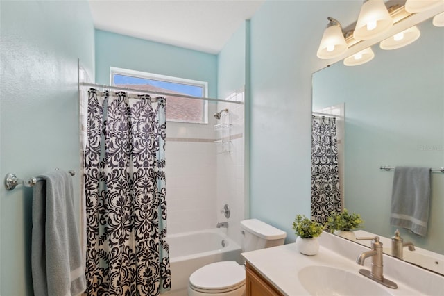 full bathroom featuring vanity, shower / bath combo, and toilet