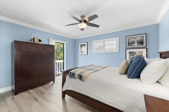 bedroom with ornamental molding, access to outside, ceiling fan, and light hardwood / wood-style flooring