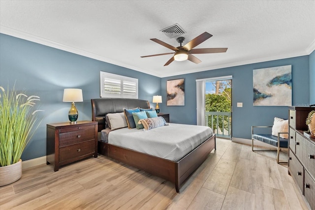 bedroom featuring access to exterior, ceiling fan, light hardwood / wood-style floors, crown molding, and a textured ceiling