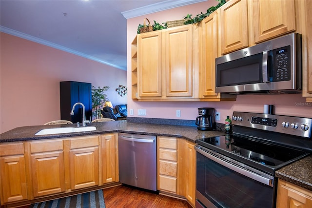 kitchen with sink, dark hardwood / wood-style floors, ornamental molding, kitchen peninsula, and stainless steel appliances