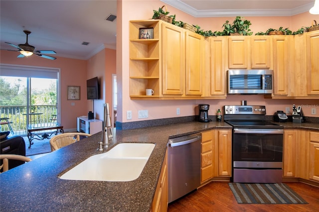 kitchen with appliances with stainless steel finishes, ornamental molding, ceiling fan, sink, and hardwood / wood-style flooring