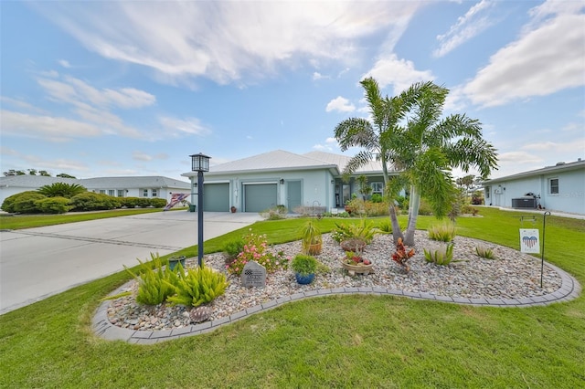 ranch-style house with a front yard and a garage