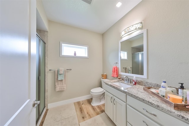 bathroom featuring plenty of natural light, vanity, and an enclosed shower