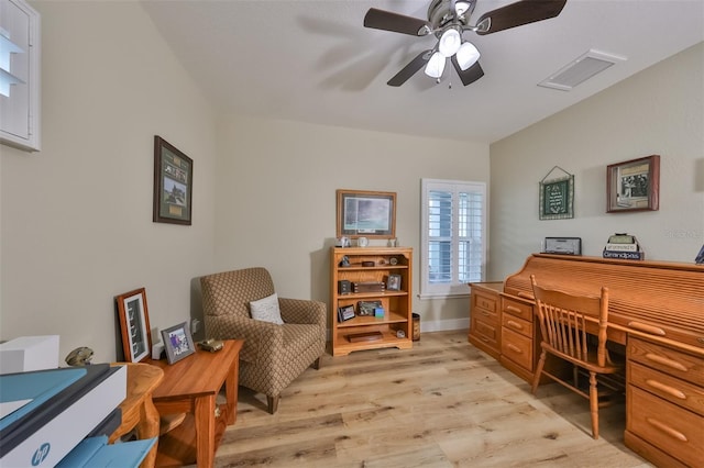 office area featuring light hardwood / wood-style flooring and ceiling fan