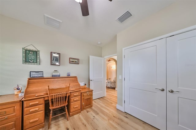 office area with ceiling fan and light wood-type flooring