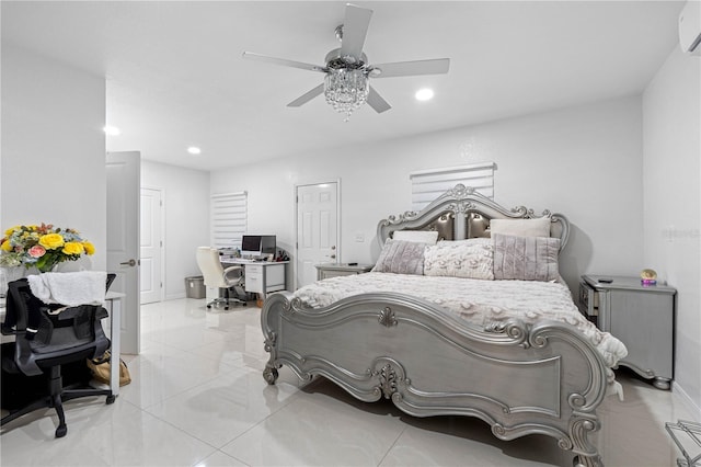 bedroom featuring an AC wall unit and ceiling fan