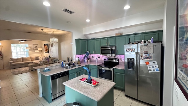 kitchen featuring stainless steel appliances, a peninsula, a sink, and green cabinetry