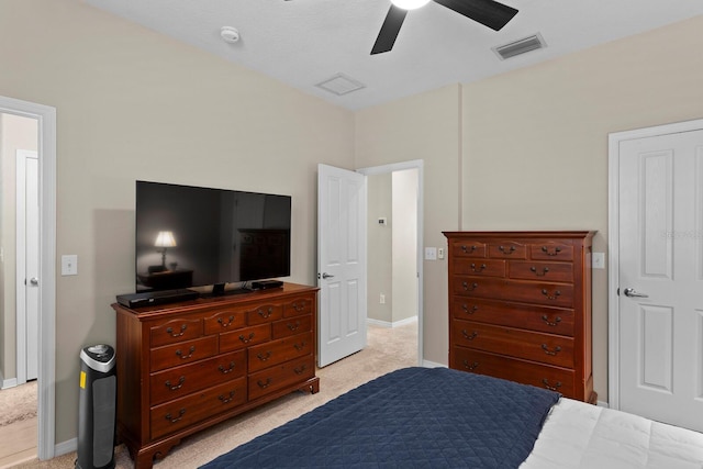 bedroom featuring ceiling fan and light colored carpet