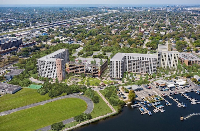 aerial view featuring a water view