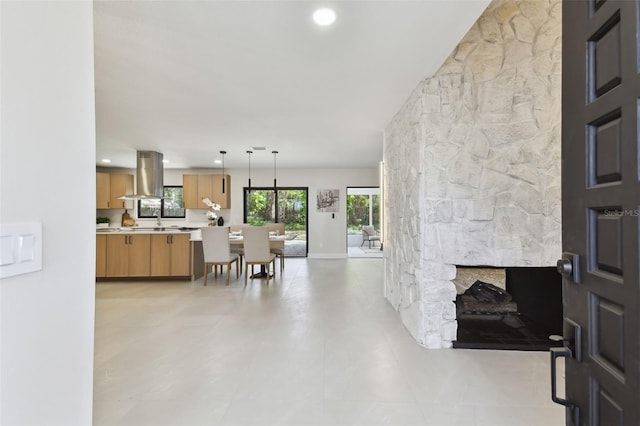 living room with a fireplace