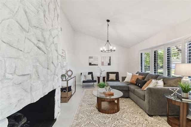 living room with lofted ceiling and an inviting chandelier