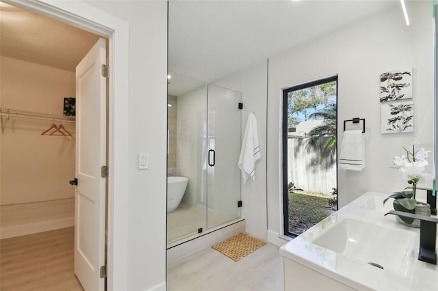 bathroom with separate shower and tub, plenty of natural light, vanity, and hardwood / wood-style flooring