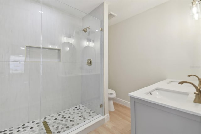 bathroom featuring vanity, toilet, and a shower with door