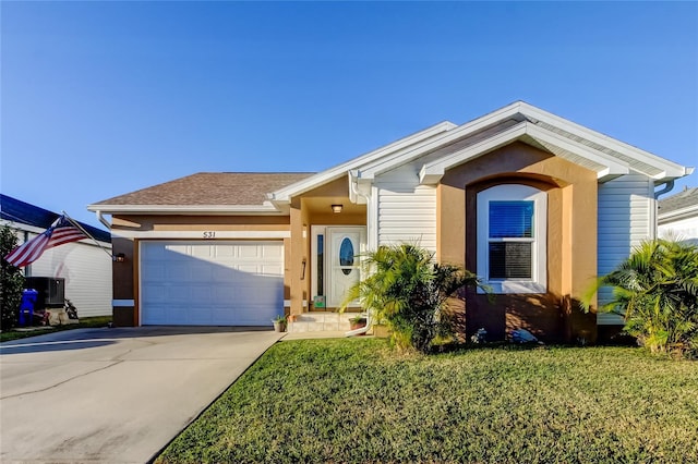 single story home featuring central AC, a front yard, and a garage