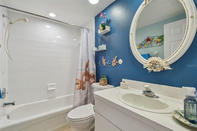 full bathroom with toilet, vanity, and shower / tub combo with curtain