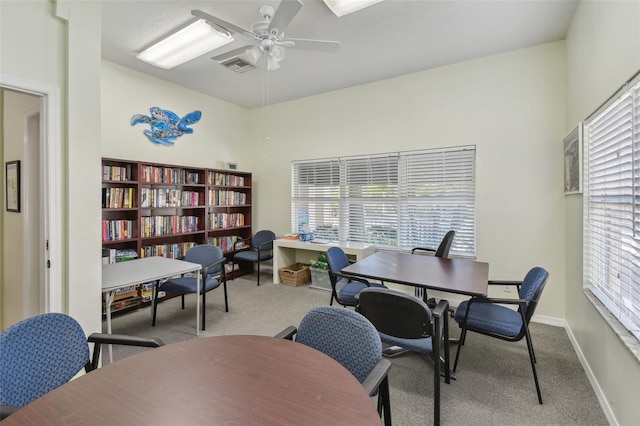 carpeted office with ceiling fan and a healthy amount of sunlight