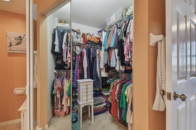 walk in closet with light carpet