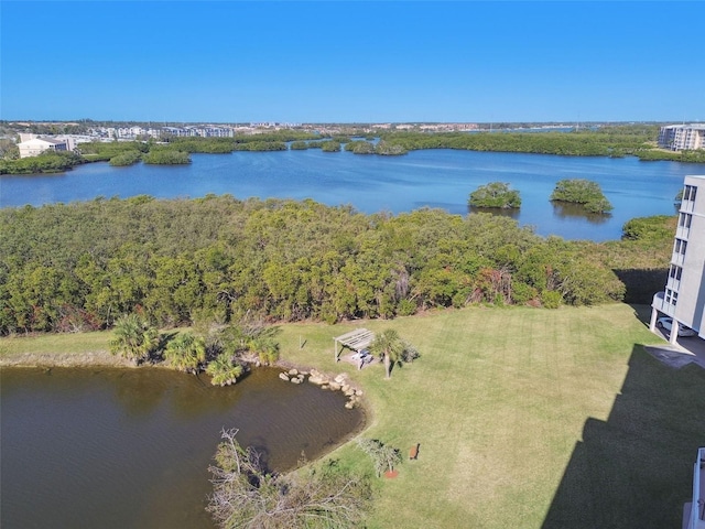 drone / aerial view featuring a water view