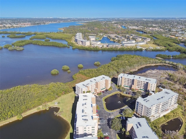 drone / aerial view with a water view