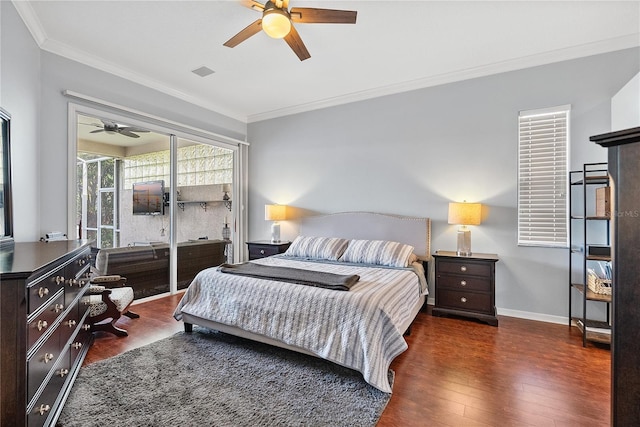 bedroom with dark hardwood / wood-style floors, ceiling fan, and crown molding