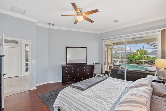 bedroom with access to outside, ceiling fan, crown molding, and dark hardwood / wood-style floors