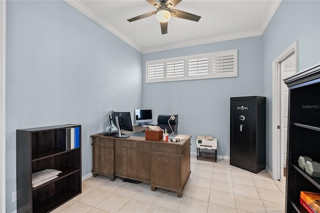 home office featuring ceiling fan, light tile patterned floors, and ornamental molding