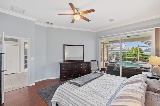 4531 Swordfish Dr, Bradenton, FL 34208 - bedroom with access to exterior, ornamental molding, baseboards, wood finished floors, and a sunroom