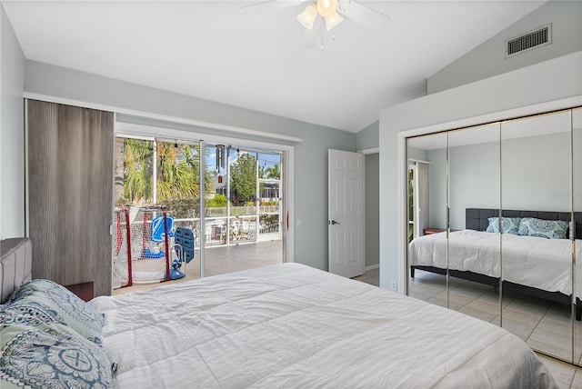 4531 Swordfish Dr, Bradenton, FL 34208 - bedroom with vaulted ceiling, access to outside, tile patterned flooring, a closet, and ceiling fan