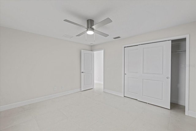 unfurnished bedroom with a closet and ceiling fan