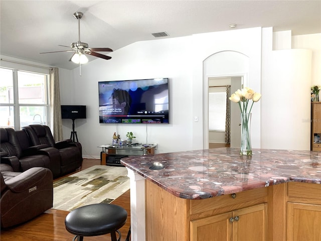 living room featuring hardwood / wood-style floors, ceiling fan, and lofted ceiling