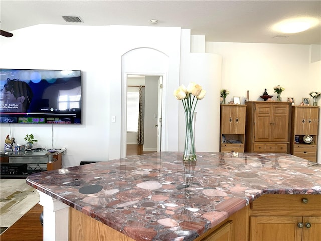 interior space featuring hardwood / wood-style flooring and dark stone counters