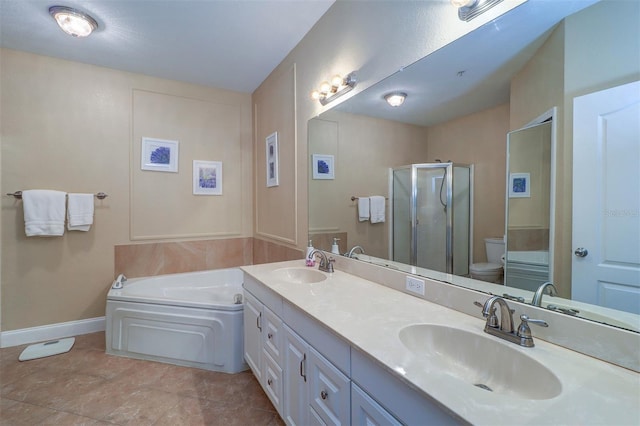 full bathroom featuring vanity, toilet, and plus walk in shower